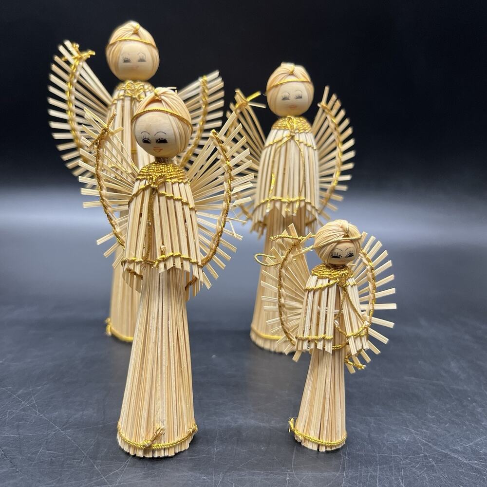 Angel Figurine Christmas Ornaments Wood Vintage Handmade Straw Sticks Set Of 4